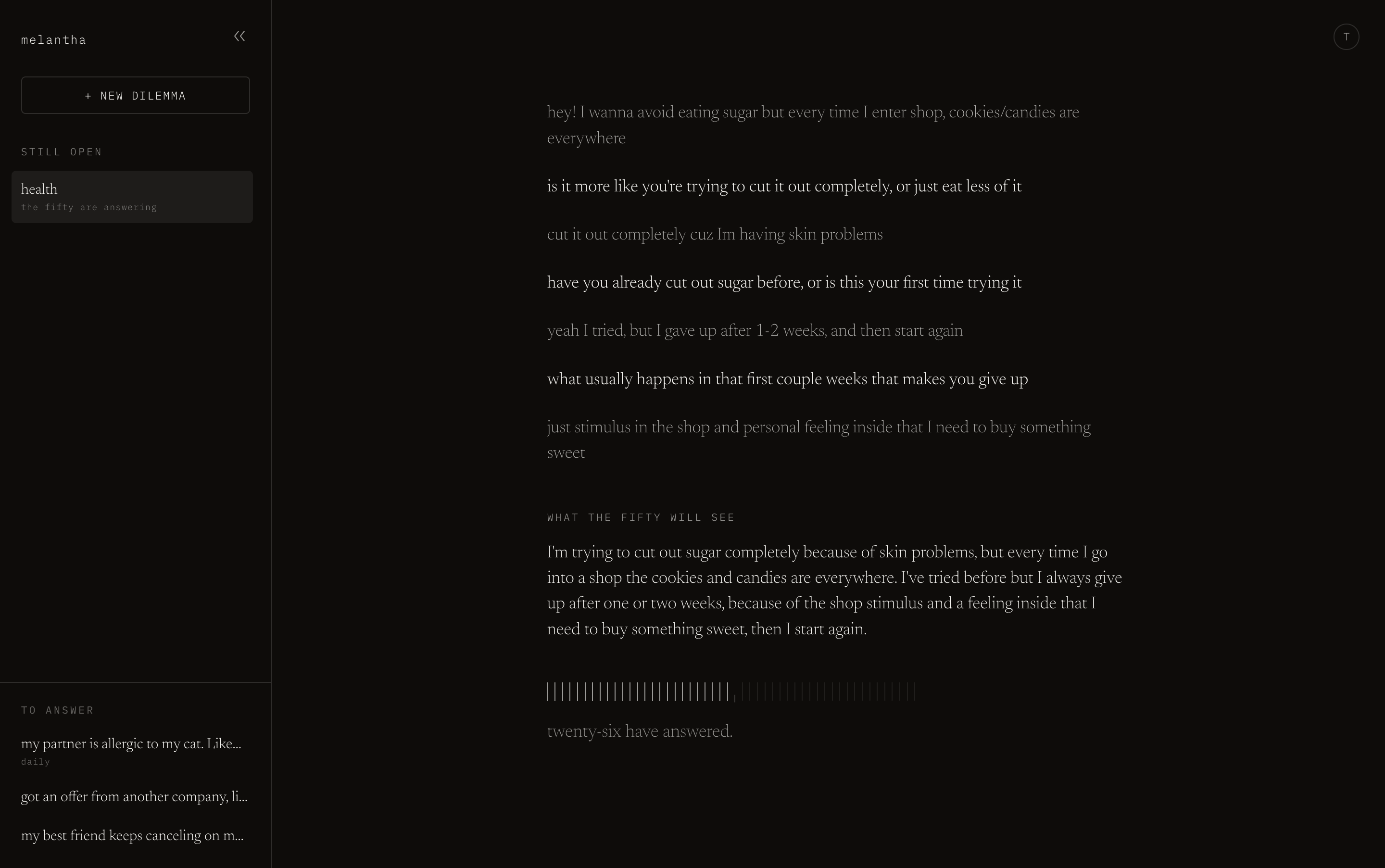 A chat about cutting out sugar, with the summary under "What the fifty will see" and a bar showing twenty-six of fifty have answered