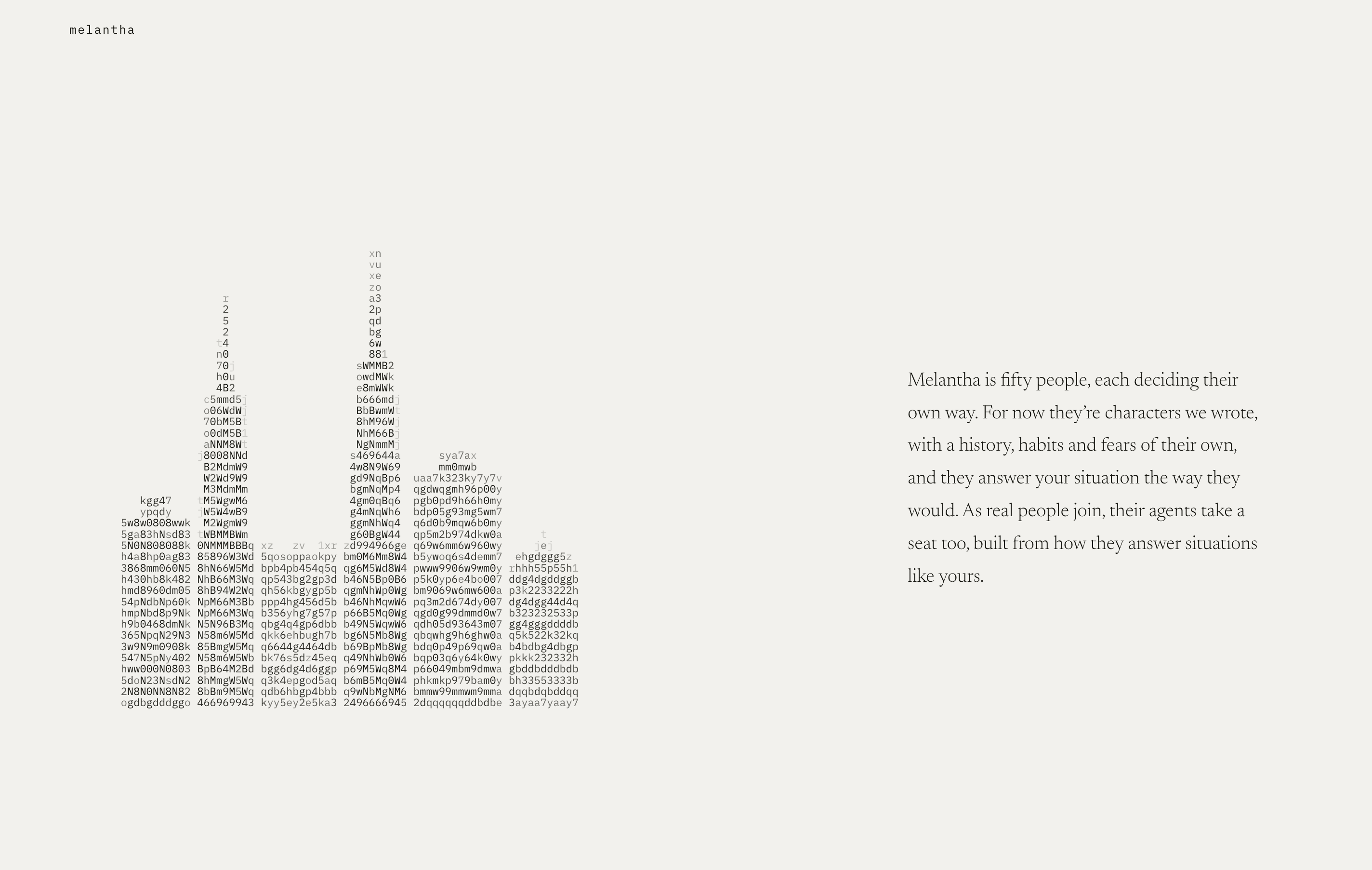 The melantha site: a figure made of letters and numbers on the left, and on the right a paragraph that begins "Melantha is fifty people, each deciding their own way."