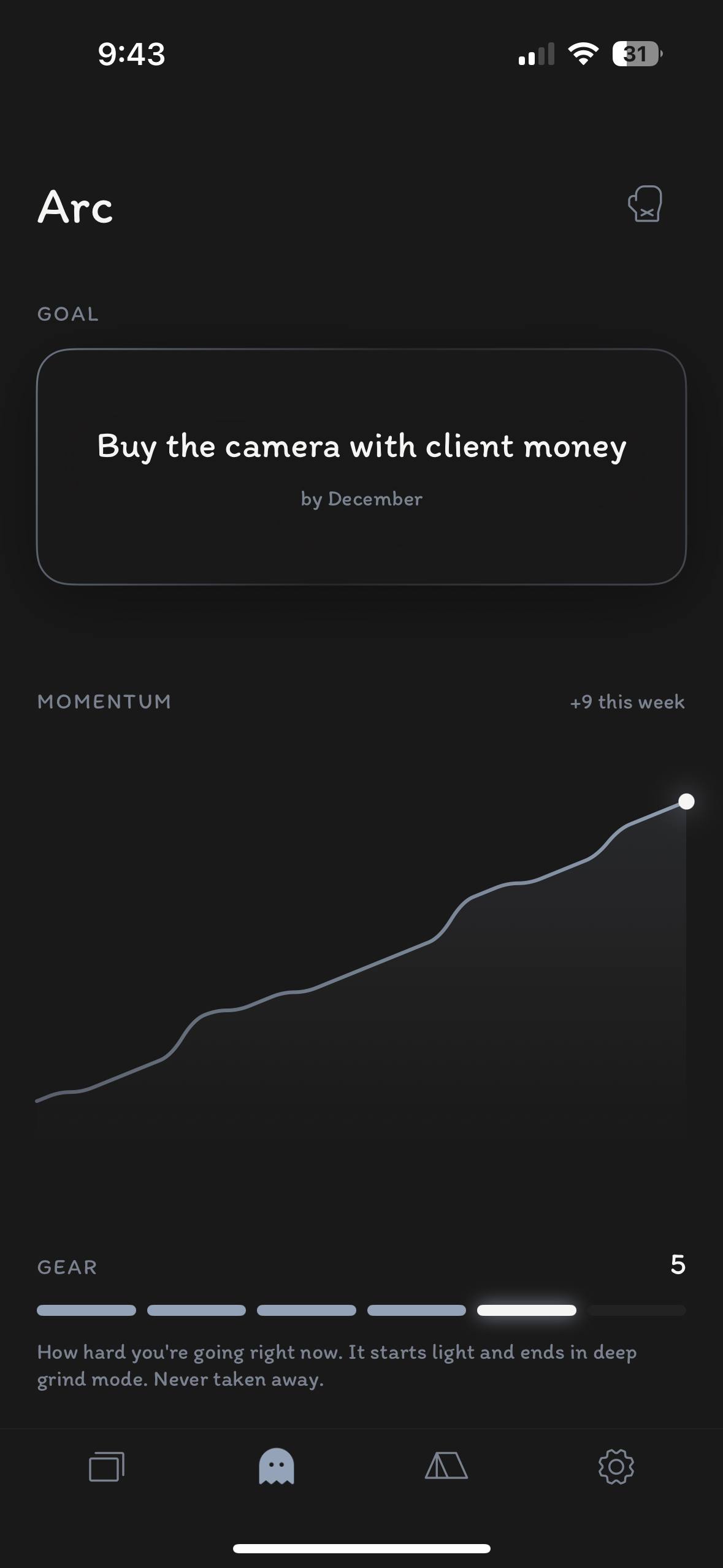 After: the Arc screen with a goal, a momentum chart that climbs, and a gear level