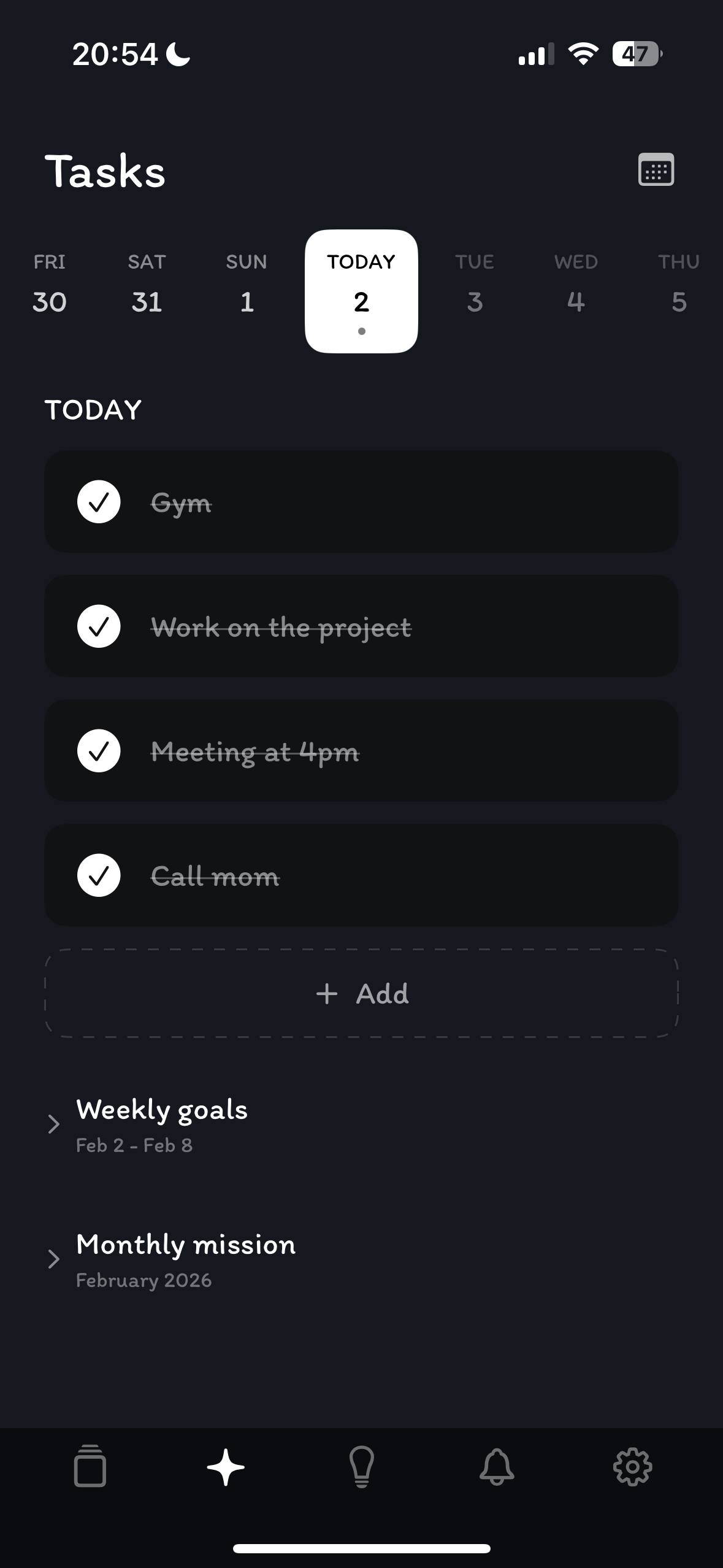 Before: a Tasks list for today with four crossed-out tasks and weekly goals