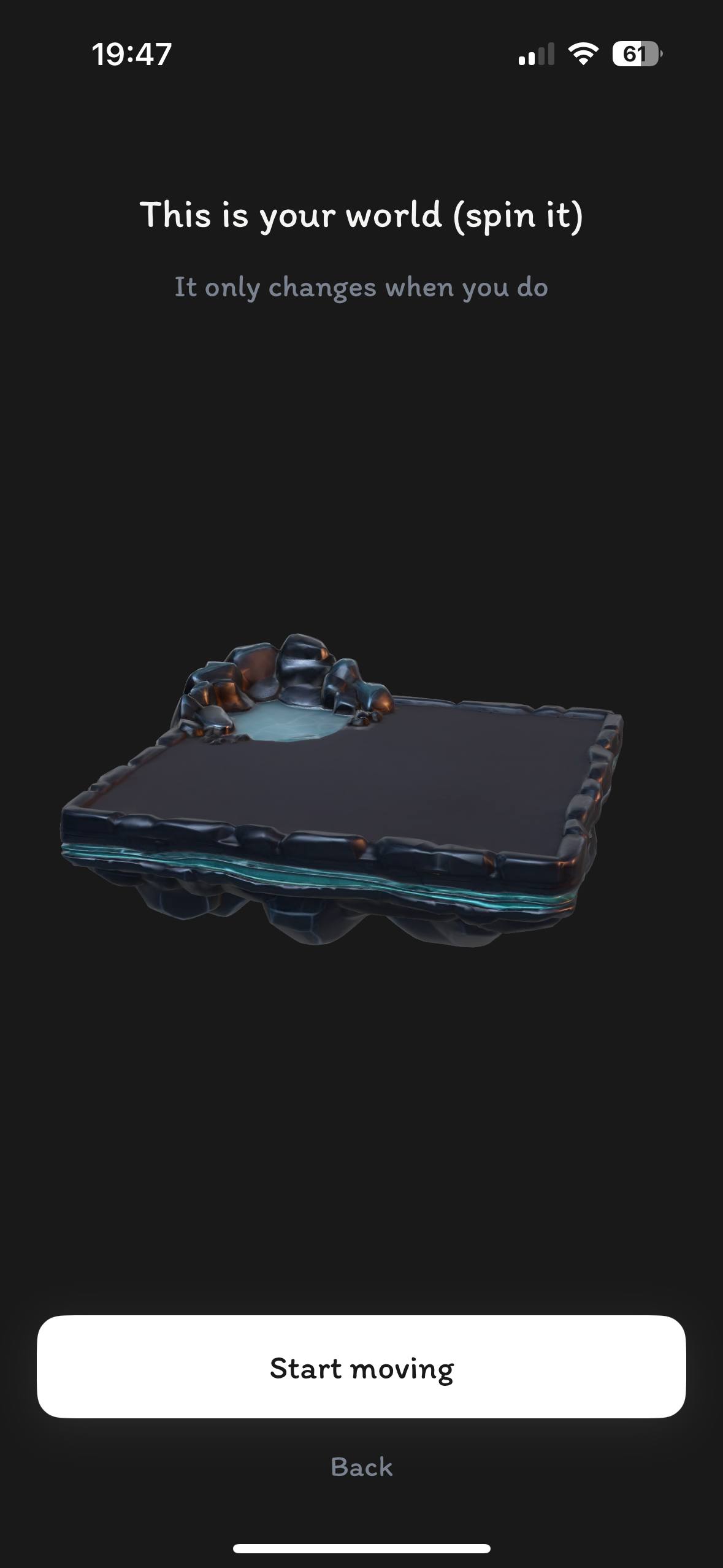 nightmare onboarding: "This is your world (spin it)" with a floating 3D island, and a Start moving button